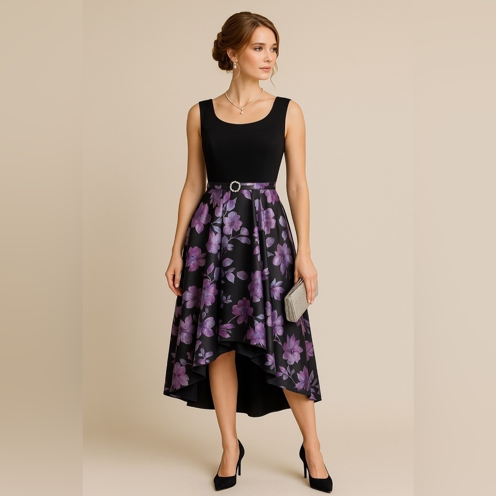 R&M Richards Petite Black Purple Floral Fit & Flare High Low Cocktail Dress 4P